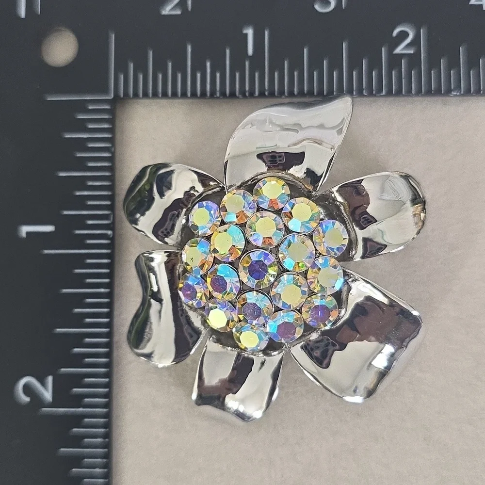 Silver Flower Brooch Pin with AB Crystal Stone Center